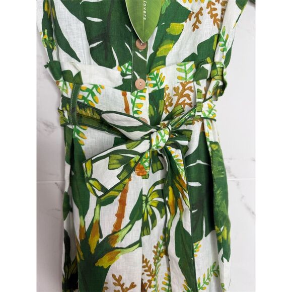 Farm Rio XXS Green white Tropical Leaf Print Jumpsuit Linen Resort Anthropologie - Picture 5 of 16